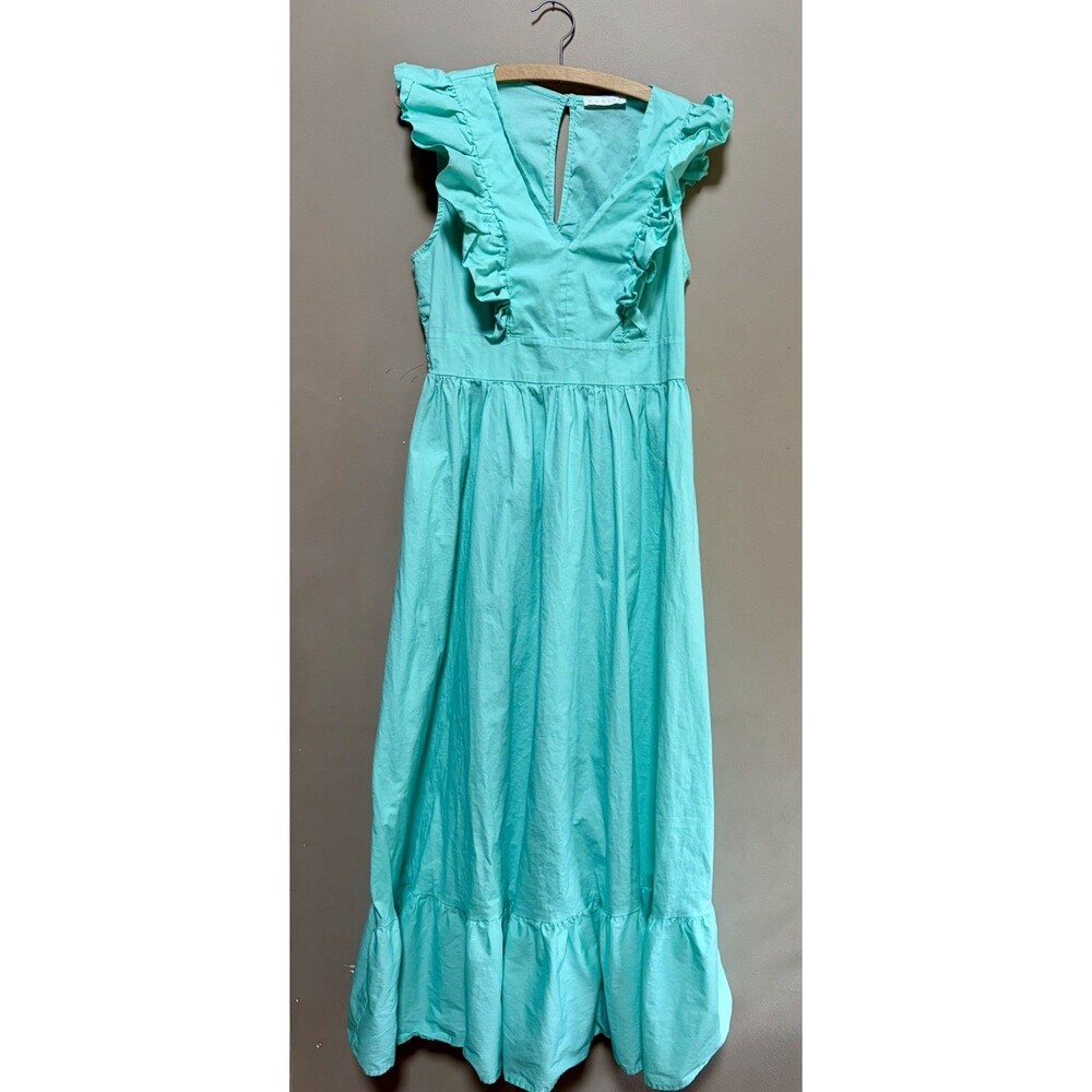 Karlie Cotton Mint Green Maxi Dress Ruffle Sleeveless Size Large Boho V-neck